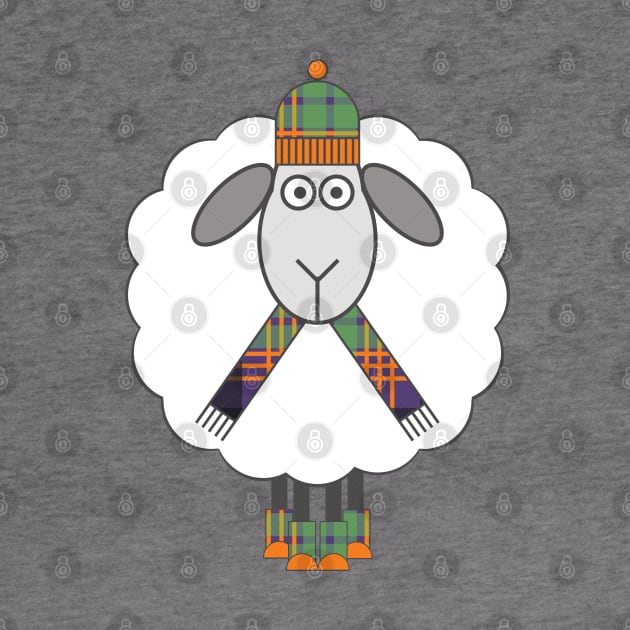 Cosy Winter Sheep with Orange, Green and Purple Tartan Hat, Scarf and Boots by MacPean